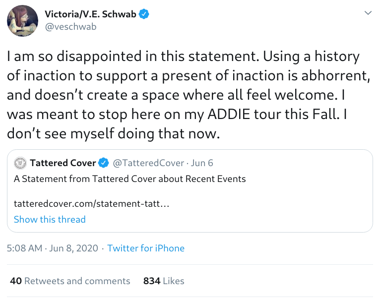 Tweet by @veeschwab: I am so disappointed in this statement. Using a history of inaction to support a present of inaction is abhorrent, and doesn't create a space where all feel welcome. I was meant to stop here on ADDIE tour this Fall. I don't see myself doing that now.