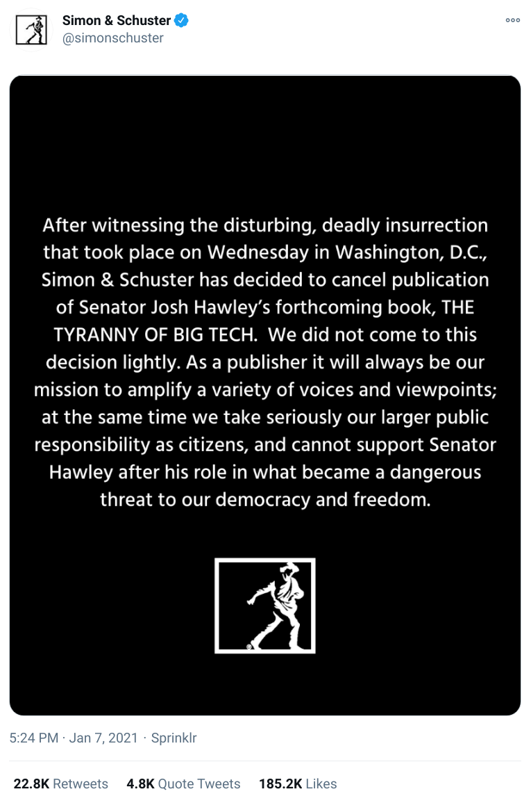 Tweet from Simon & Schuster containing a screenshot of a statement about the publisher cancelling Senator Josh Hawley's book, THE TYRANNY OF BIG TECH.